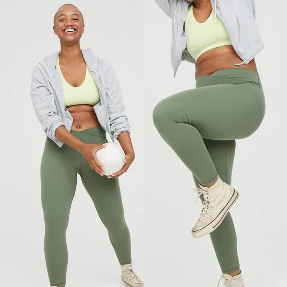 Aerie Real Me Criss Cross Waistband Green Leggings Size Medium